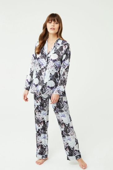 Çiçek Desenli Mavi Saten Pijama Takımı