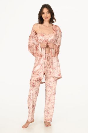 Renkli Çiçek Desenli Büstiyerli 3 Parçalı Kadife Pijama Takımı