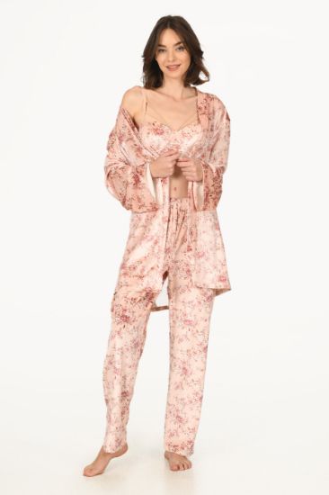 Renkli Çiçek Desenli Büstiyerli 3 Parçalı Kadife Pijama Takımı