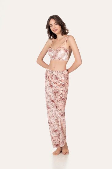 Renkli Çiçek Desenli Büstiyerli 3 Parçalı Kadife Pijama Takımı