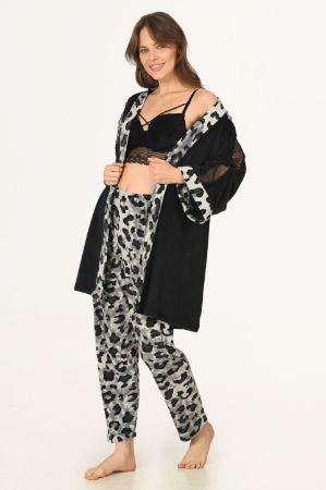 Siyah Leopar Kadife 3 Parçalı Pijama Takımı