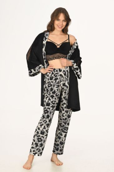 Siyah Leopar Kadife 3 Parçalı Pijama Takımı