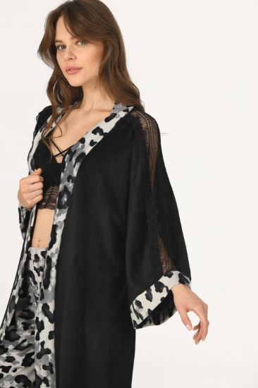 Siyah Leopar Kadife 3 Parçalı Pijama Takımı