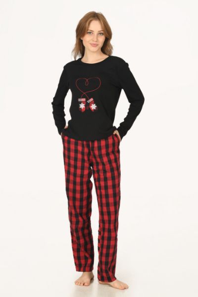 Siyah Kırmızı Kalpli Kareli Pijama Takım
