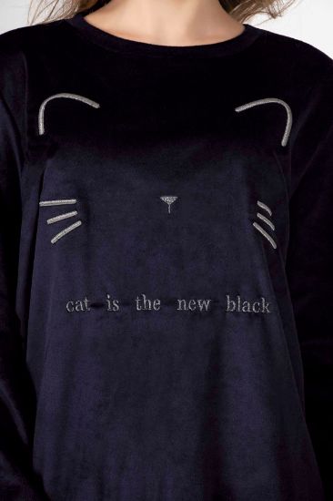 Lacivert Kedili Kadife Pijama Takımı