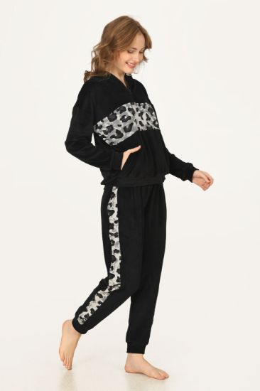 Siyah Leopar Kadife Kapşonlu Takım