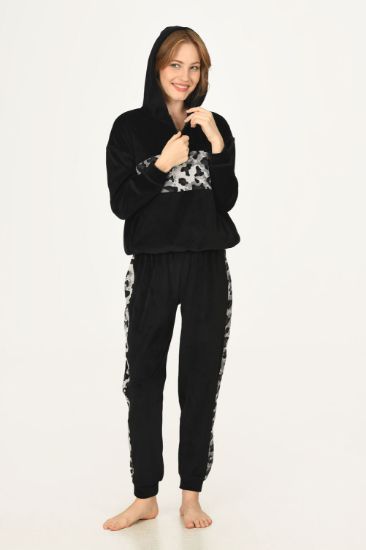 Siyah Leopar Kadife Kapşonlu Takım