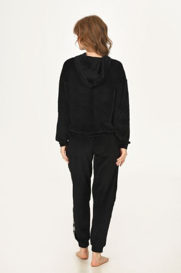 Siyah Leopar Kadife Kapşonlu Takım