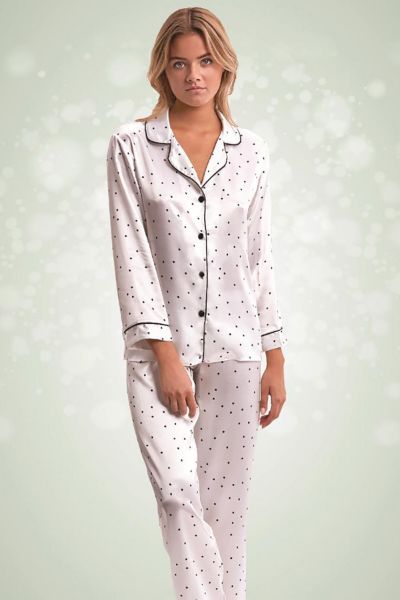 Krem Puantiyeli Saten Pijama Takımı