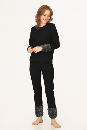 Düz Siyah Dark Kolları Peluş Pijama Takımı