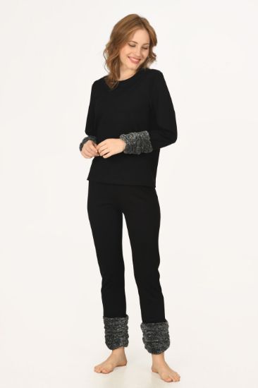 Düz Siyah Dark Kolları Peluş Pijama Takımı