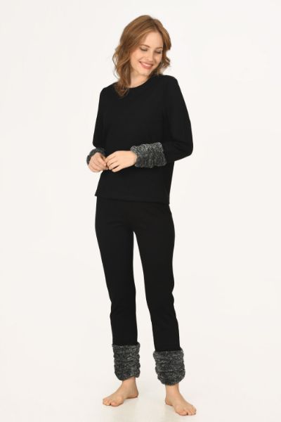 Düz Siyah Dark Kolları Peluş Pijama Takımı