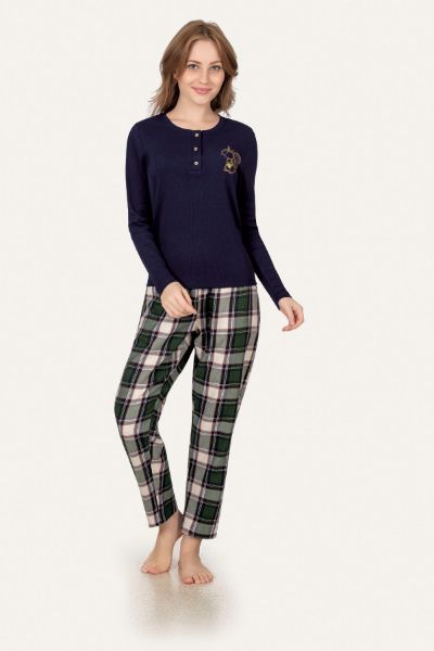 Lacivert Sincap Detaylı Üç Düğmeli Kaskorse Pijama Takımı