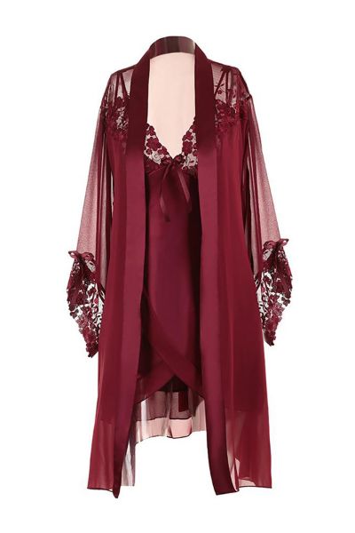 Bordo Fantezi Saten Gecelik Tül Sabahlık Takım