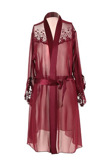 Bordo Fantezi Saten Gecelik Tül Sabahlık Takım