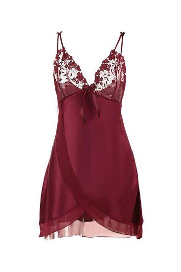 Bordo Fantezi Saten Gecelik Tül Sabahlık Takım