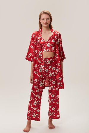 Kırmızı Saten 3 Parçalı Sabahlık Takımı