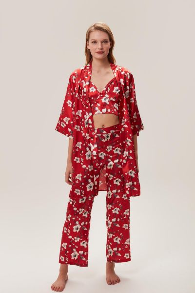 Kırmızı Saten 3 Parçalı Sabahlık Takımı