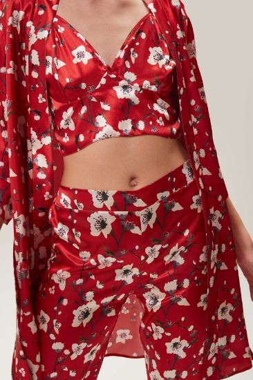 Kırmızı Saten 3 Parçalı Sabahlık Takımı