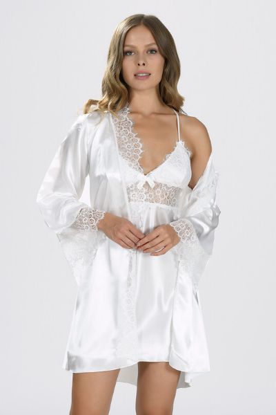 Krem Dantelli Saten Gecelik Sabahlık Takım