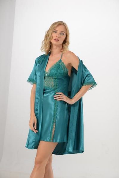 Yeşil Fantezi Saten Gecelik Sabahlık Takımı