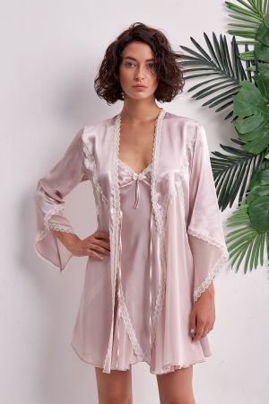 Pudra Saten Gecelik Sabahlık Takımı