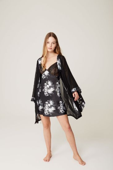 Siyah Saten Gecelik Tül Sabahlık Takımı