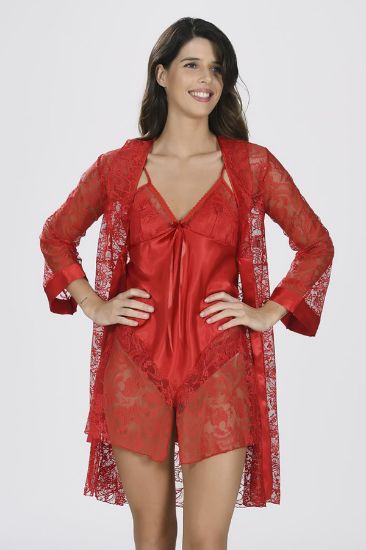 Kırmızı Saten Dantel Detaylı Gecelik Sabahlık Takımı
