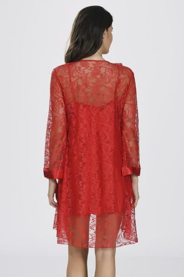 Kırmızı Saten Dantel Detaylı Gecelik Sabahlık Takımı