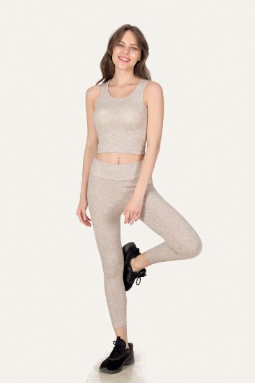 Bej Papatya Detaylı Crop Tayt Takımı