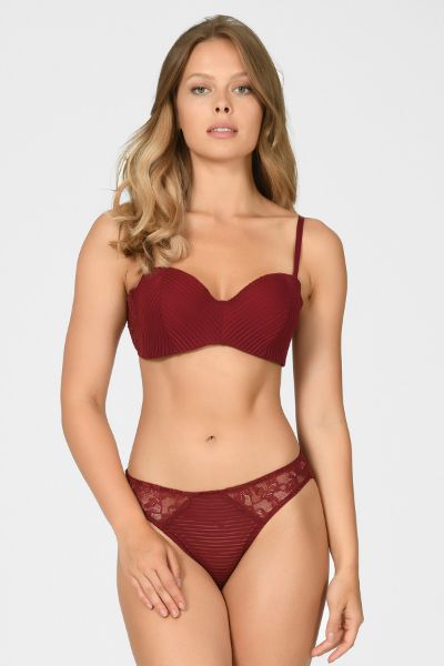 Hafif Destekli Dantelli Bordo Straplez Sütyen Külot Takım