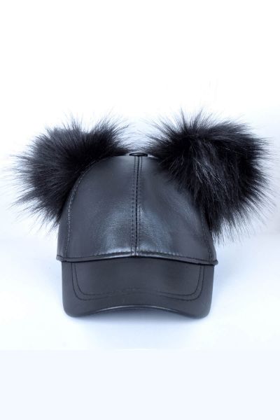 Siyah Ponponlu Deri Şapka