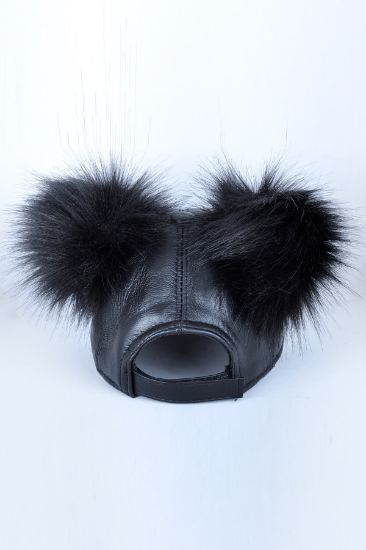 Siyah Ponponlu Deri Şapka