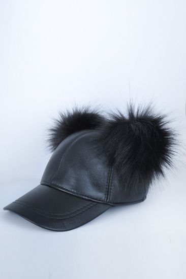 Siyah Ponponlu Deri Şapka