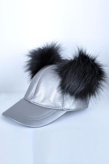 Çift Siyah Ponponlu Gümüş Deri Şapka