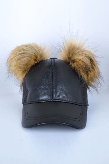 Çift Ponponlu Siyah Deri Şapka