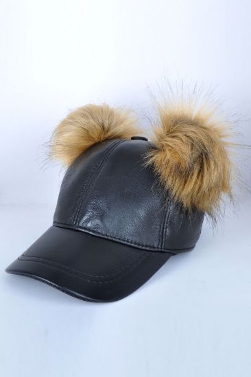 Çift Ponponlu Siyah Deri Şapka