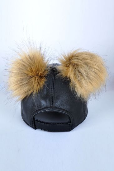 Çift Ponponlu Siyah Deri Şapka