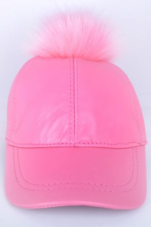 Pembe Tek Ponponlu Deri Şapka