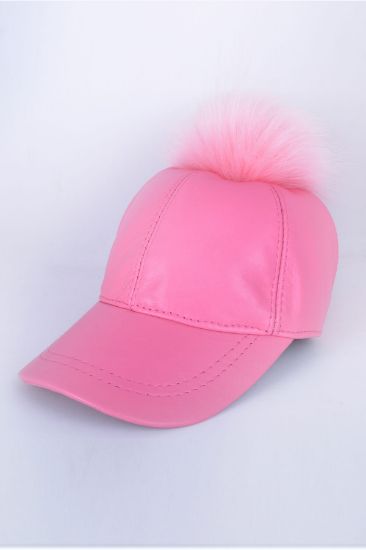Pembe Tek Ponponlu Deri Şapka