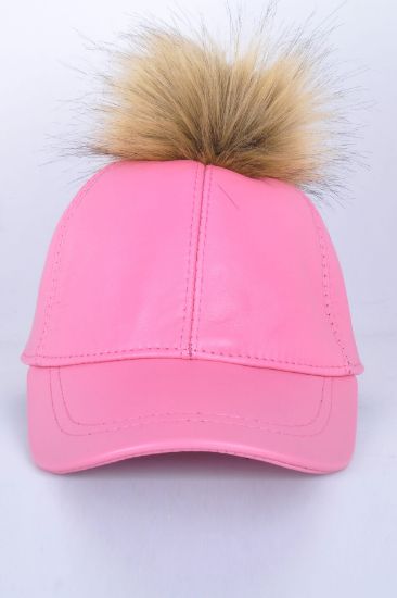 Pembe Tek Ponponlu Deri Şapka 