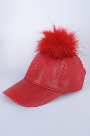Kırmızı Tek Ponponlu Deri Şapka