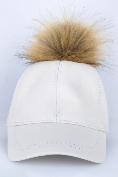 Beyaz Tek Ponponlu Deri Şapka