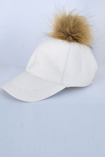 Beyaz Tek Ponponlu Deri Şapka