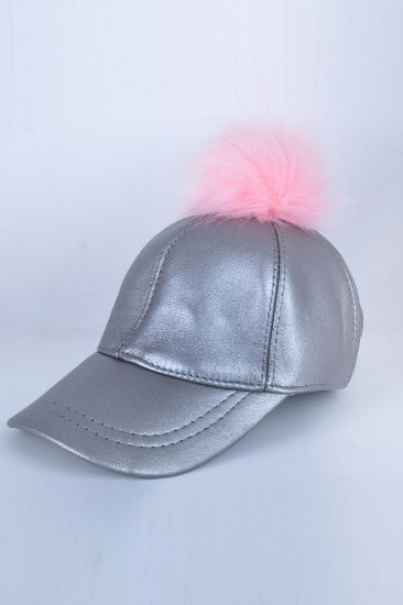 Pempe Ponponlu Gümüş Deri Şapka