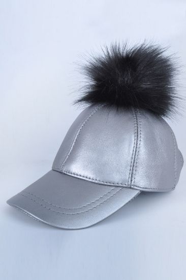 Siyah Ponponlu Gümüş Deri Şapka