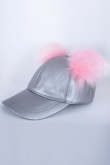 Çift Pembe Ponponlu Gümüş Deri Şapka