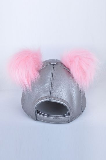 Çift Pembe Ponponlu Gümüş Deri Şapka