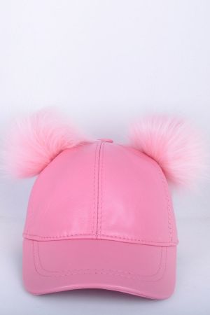 Pembe Çift Ponponlu Deri Şapka