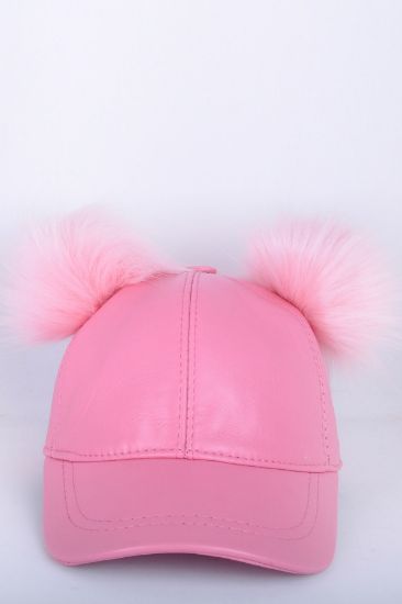 Pembe Çift Ponponlu Deri Şapka